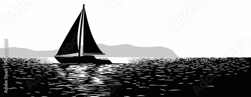 A minimalist black and white illustration of a sailboat sailing on calm waters, reflecting the horizon.