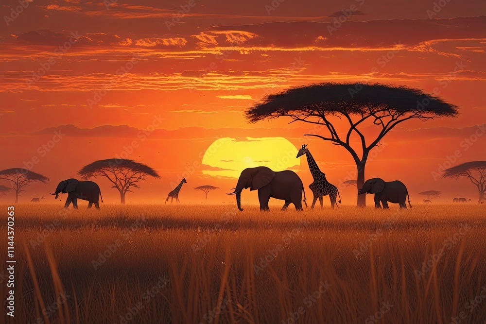 Obraz premium A breathtaking view of the African savanna during sunset, with golden grasses stretching to the horizon. Silhouettes of elephants and giraffes roam in the distance,generative ai