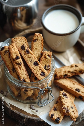 Homemade biscotti with raisins served in a glass jar alongside a cup of milk ...