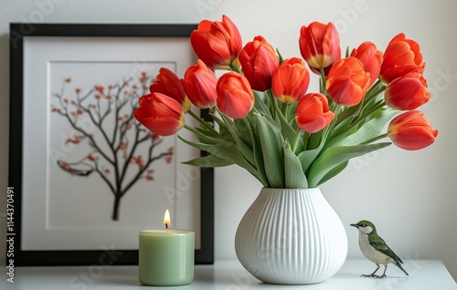 Vibrant tulips in a bright room with soft shadows on the wall and decorative ...
