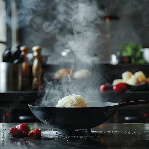 Gourmet Cooking in Action: Hot and Fresh Homemade Pasta - Hot and Flavorful: Gourmet Cooking - Steamy Culinary Delight: Freshly Cooked Pasta in a Rustic Kitchen photo