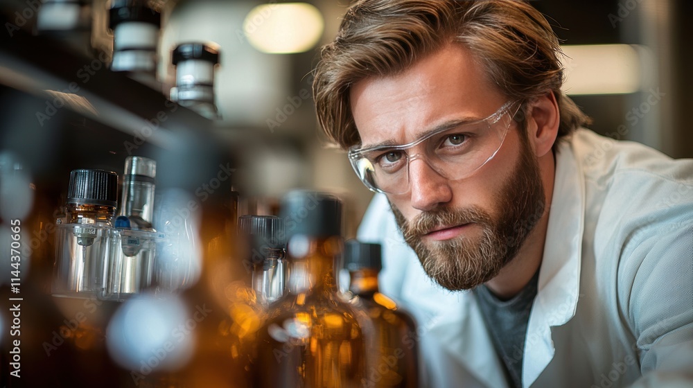 Scientist in Lab with Beakers and Bottles Wearing Safety Glasses Scientist in Lab with Beakers and Bottles Wearing Safety Glasses
