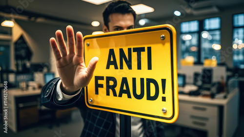 Anti Fraud Sign Held Symbolically to Prevent Financial Fraud photo