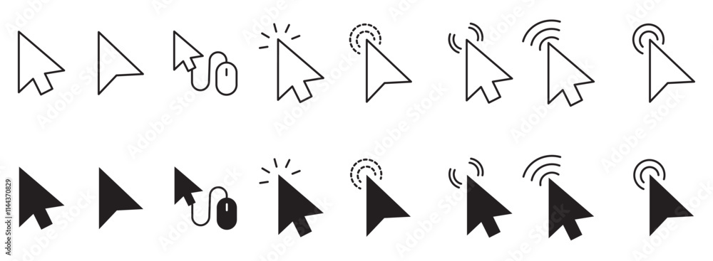 Mouse click cursor set. Click icon. Mouse pointer set. Arrow cursor. Vector illustration. Mouse click cursor set. Click icon. Mouse pointer set. Arrow cursor. Vector illustration.