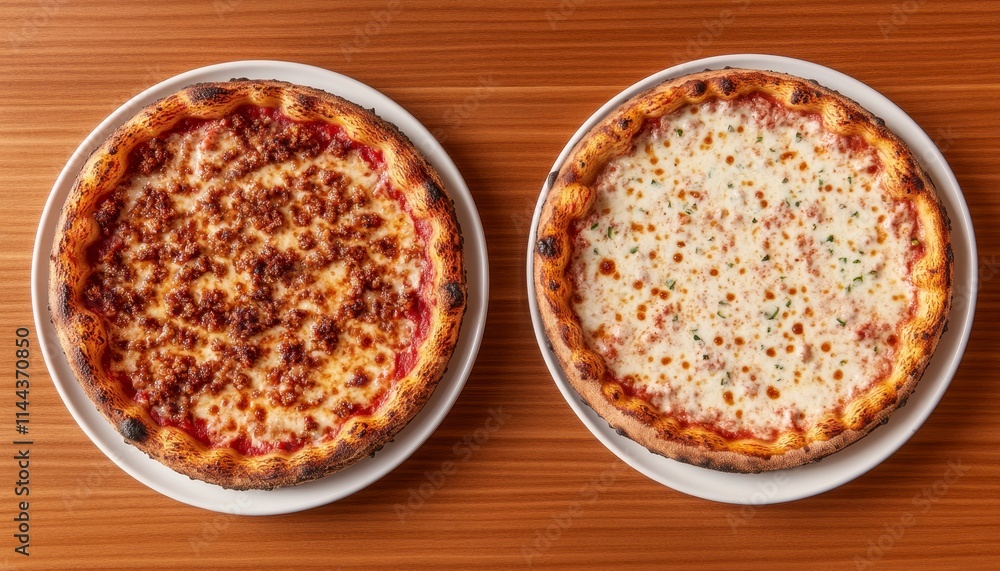 Two delicious pizzas, one with meat, one cheese, on wooden table. Two delicious pizzas, one with meat, one cheese, on wooden table.