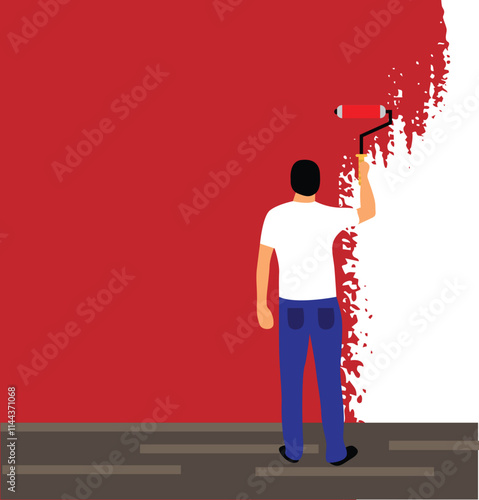 Painter Painting a Wall in Red Flat Style. Construction and home repair work concept vector art, people and activities