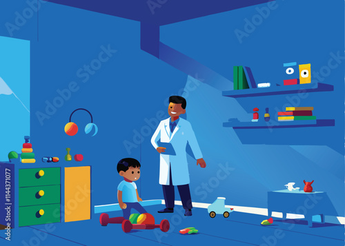 Create a vibrant vector background illustrating a friendly pediatric doctor interacting with a child, emphasizing warmth and care within a medical setting.