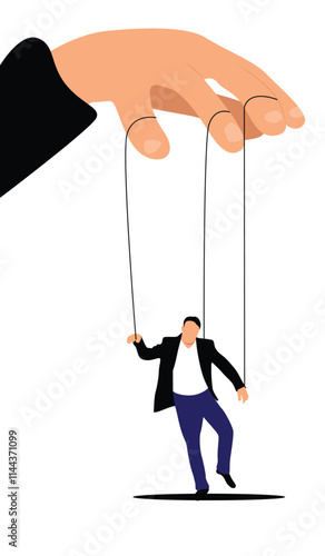 Pulling the Strings of a Puppet Businessman Flat Style. Business, nine to five job and workforce manipulation concept vector art. Slaves and masters