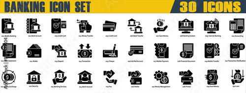 Banking icon set. Containing Mobile Banking,Bank Account,Credit Card,Bank Transfer,Internet Banking,Bank Statement,Verified Account,Mobile Payment,Money Exchange,Bank Account and Loan. Solid