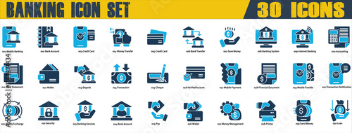 Banking icon set. Containing Mobile Banking,Bank Account,Credit Card,Bank Transfer,Internet Banking,Bank Statement,Verified Account,Mobile Payment,Money Exchange,Bank Account and Loan. Duo Tone