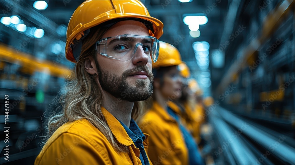 Young Worker in Safety Gear with Long Hair in Industrial Setting Young Worker in Safety Gear with Long Hair in Industrial Setting