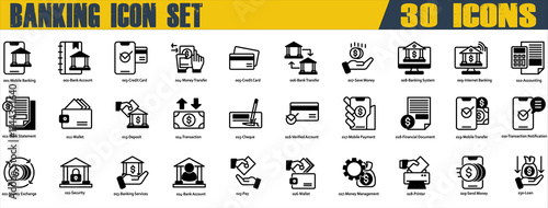 Banking icon set. Containing Mobile Banking,Bank Account,Credit Card,Bank Transfer,Internet Banking,Bank Statement,Verified Account,Mobile Payment,Money Exchange,Bank Account and Loan. Mixed