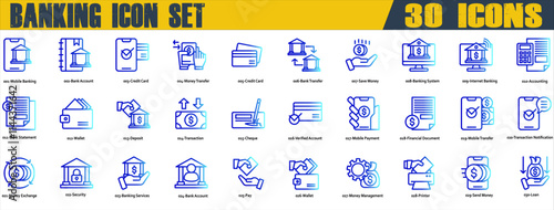 Banking icon set. Containing Mobile Banking,Bank Account,Credit Card,Bank Transfer,Internet Banking,Bank Statement,Verified Account,Mobile Payment,Money Exchange,Bank Account and Loan. Line Gradient