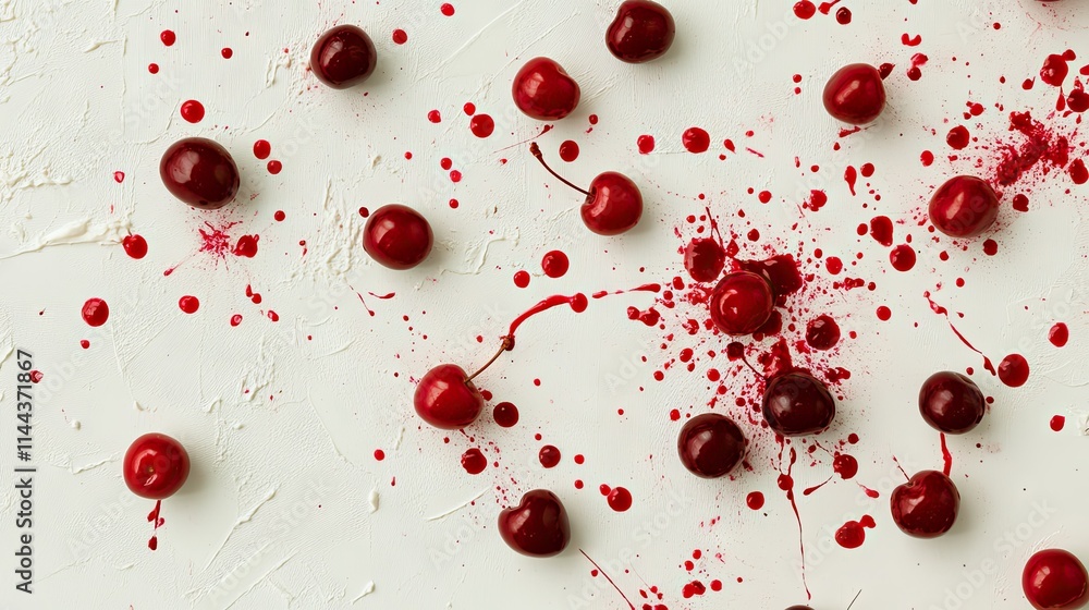 Multiple red cherries scattered naturally across a white surface, their vibrant tones creating a bold visual impact Multiple red cherries scattered naturally across a white surface, their vibrant tones creating a bold visual impact