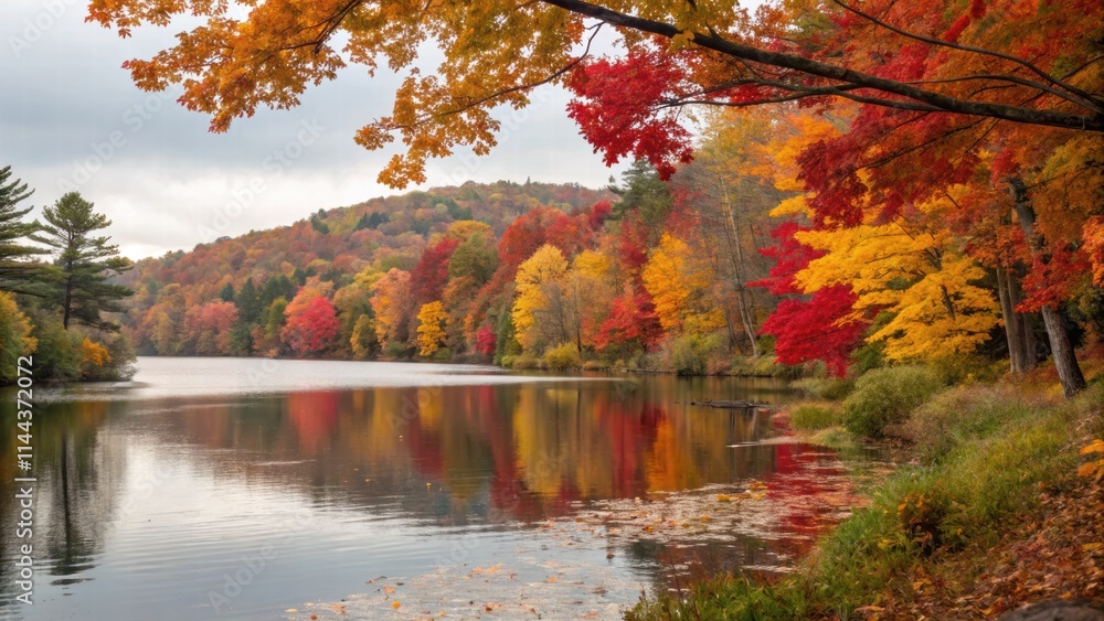 Autumn leaves on the water, Serene relaxation view Autumn leaves on the water, Serene relaxation view