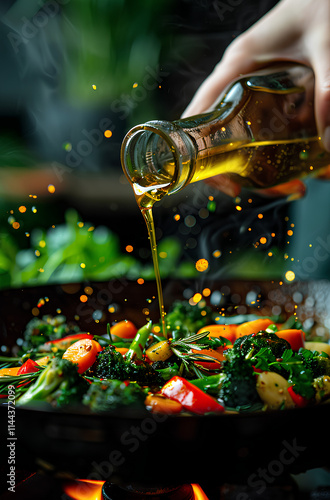 Pouring Olive Oil Over Fresh Veggies in a Wok - Healthy Stir-Fry Cooking with Vibrant Vegetables photo