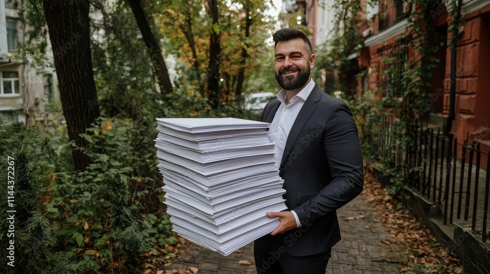 Businessman Smiling Outdoors with Stack of Documents in Autumn Businessman Smiling Outdoors with Stack of Documents in Autumn