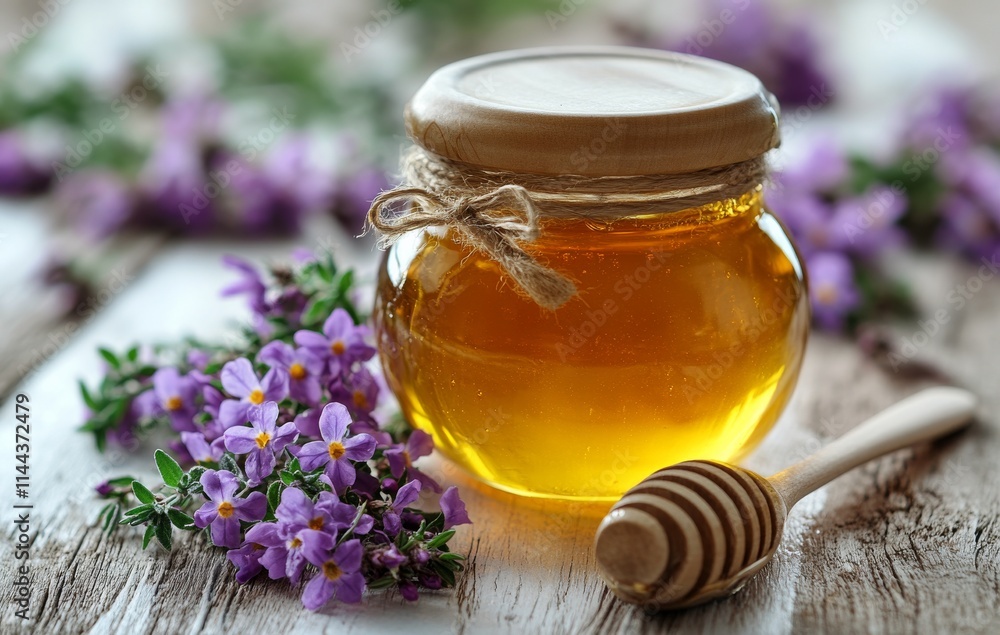 Honey jar surrounded by fresh purple flowers and a wooden dipper on a rustic wooden table Honey jar surrounded by fresh purple flowers and a wooden dipper on a rustic wooden table