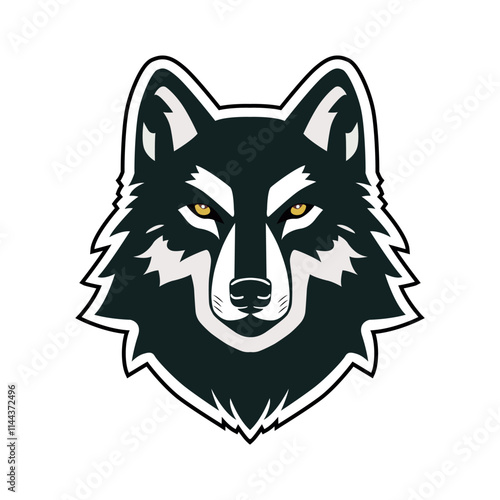 Monochrome wolf head logo with piercing yellow eyes and tribal details.