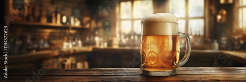 Golden beer in a glass resting on rustic wooden bar in a lively pub environme...