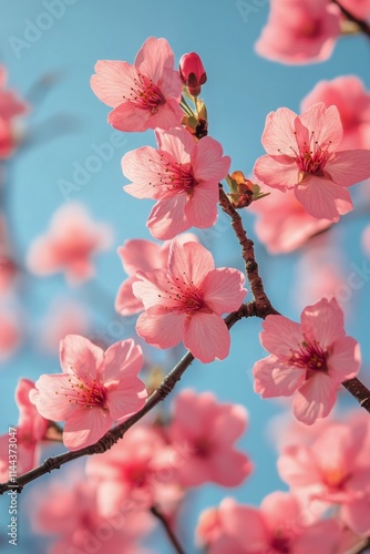 Beautiful cherry blossom flowers bloom against a clear blue sky during spring...