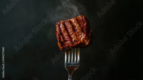 Deliciously grilled steak on a silver fork with a smoky background enhancing ...