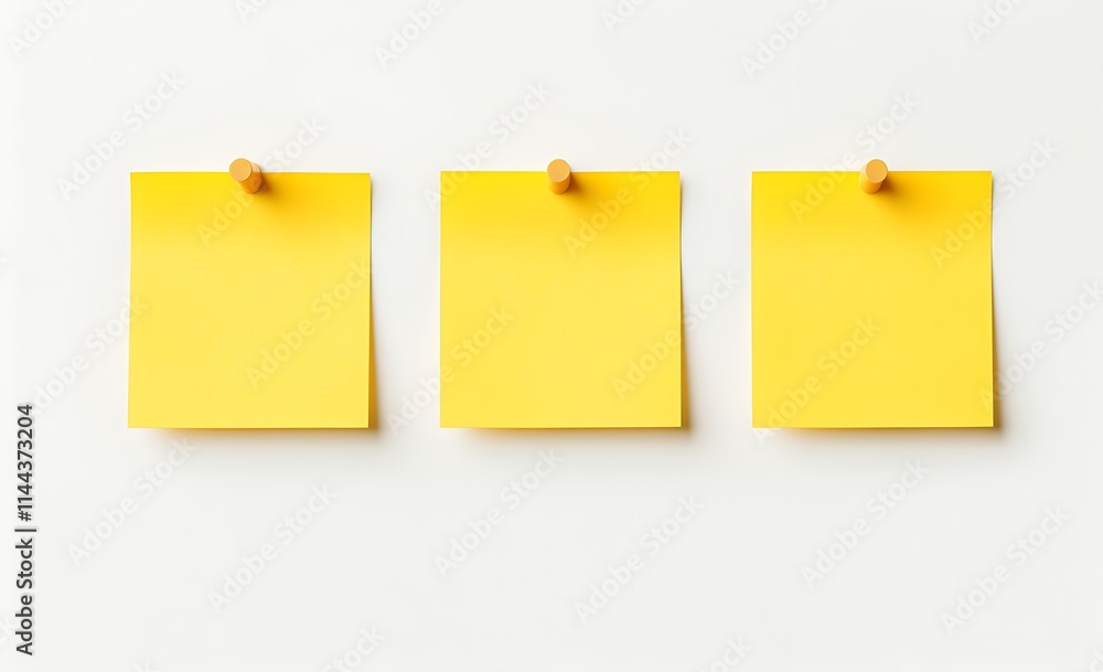 Three Yellow Sticky Notes: Minimalist mockup of three blank yellow sticky notes pinned to a wall, ready for your message or ideas. Perfect for your next project, presentation or reminder. Three Yellow Sticky Notes: Minimalist mockup of three blank yellow sticky notes pinned to a wall, ready for your message or ideas. Perfect for your next project, presentation or reminder.