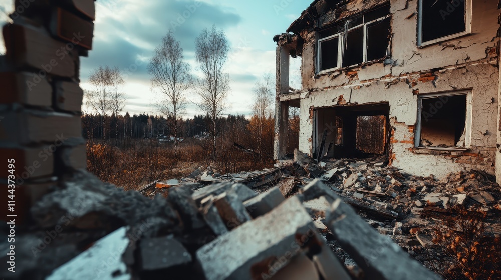 A ruined building stands in stark contrast to the surrounding natural landscape and cloudy sky, symbolizing decay amidst beauty and the inevitability of change over time. A ruined building stands in stark contrast to the surrounding natural landscape and cloudy sky, symbolizing decay amidst beauty and the inevitability of change over time.