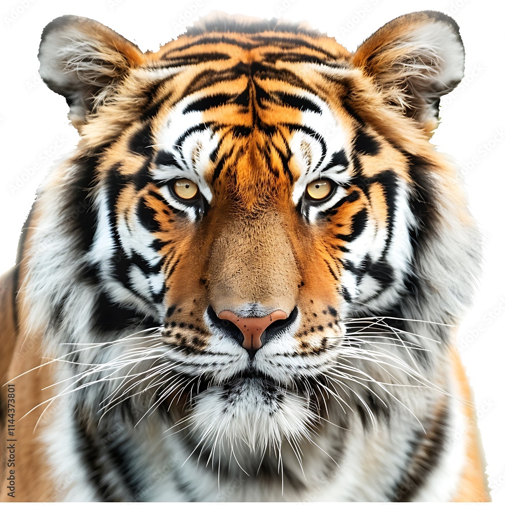 Fototapeta premium Tiger's Gaze: A majestic tiger, captured in a close-up portrait, its piercing amber eyes and striking stripes command attention. The intensity of its gaze evokes a sense of power, strength.