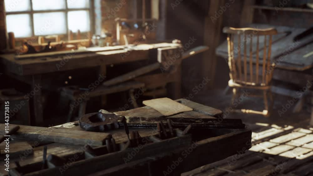 This old carpentry workshop showcases a variety of vintage tools and wooden furniture. Sunlight filters through the windows, illuminating the rustic workspace and hints of craftsmanship. This old carpentry workshop showcases a variety of vintage tools and wooden furniture. Sunlight filters through the windows, illuminating the rustic workspace and hints of craftsmanship.