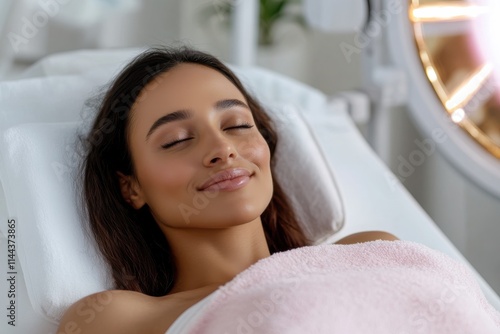 A relaxed woman experiences a serene facial treatment, offering an escape into tranquility and showcasing the essentiality of self-care for both mental and physical wellness. photo