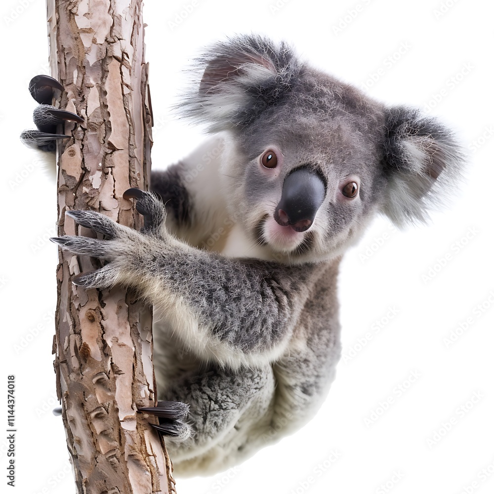 Naklejka premium Koala on a Branch: A close-up portrait of an adorable koala clinging to a tree branch, showcasing its fluffy fur, captivating eyes, and endearing expression.