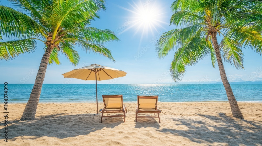 Idyllic beach scene two lounge chairs under a parasol on a sunny tropical beach. Idyllic beach scene two lounge chairs under a parasol on a sunny tropical beach.