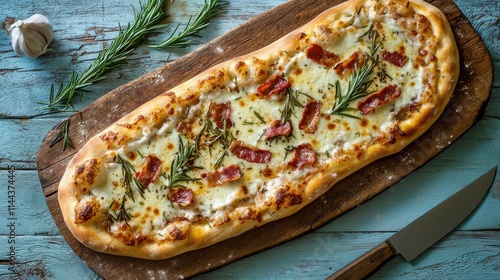 Delicious homemade pizza with fresh herbs served on a wooden board in a rusti...