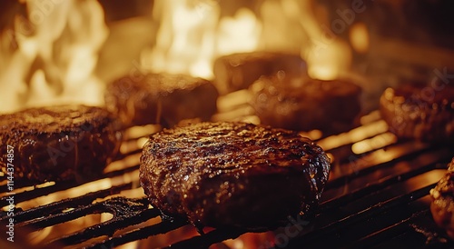 Grilling delicious beef patties over open flames during a summer barbecue gat...