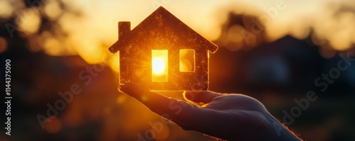 Silhouette of a hand holding a house model against a beautiful sunset backgro...