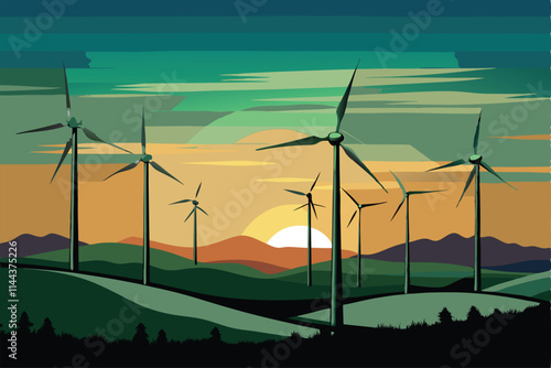 Create a vibrant vector illustration of a wind farm silhouetted against a breathtaking sunset.  Include detailed turbine blades and a dramatic sky.