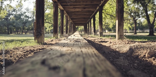 A wooden beam lies on a sand pile, illuminated by sunlight streaming through an opening in the structure.