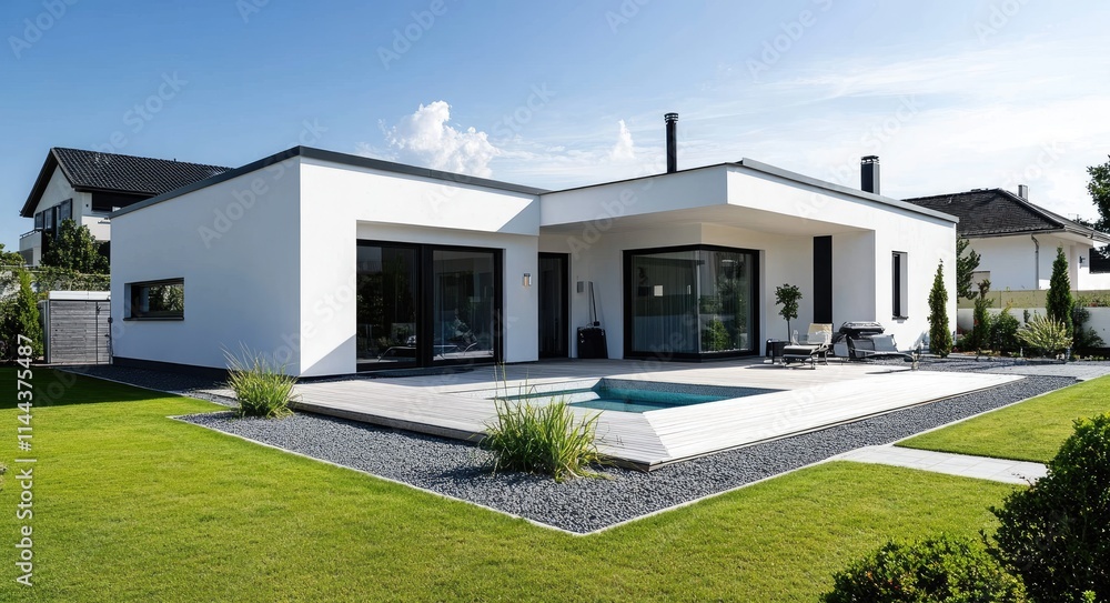 A modern white house with a black roof, a modern garden and terrace area, a small pool in the background A modern white house with a black roof, a modern garden and terrace area, a small pool in the background