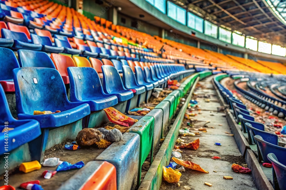 Fototapeta premium Macro Photography: Abandoned Stadium Waste - Close-up Images of Trash, Debris, and Litter in Empty Stadium Seats
