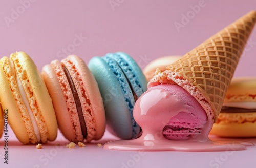 Colorful macarons stacked with melting ice cream and caramel sauce on a pink ...