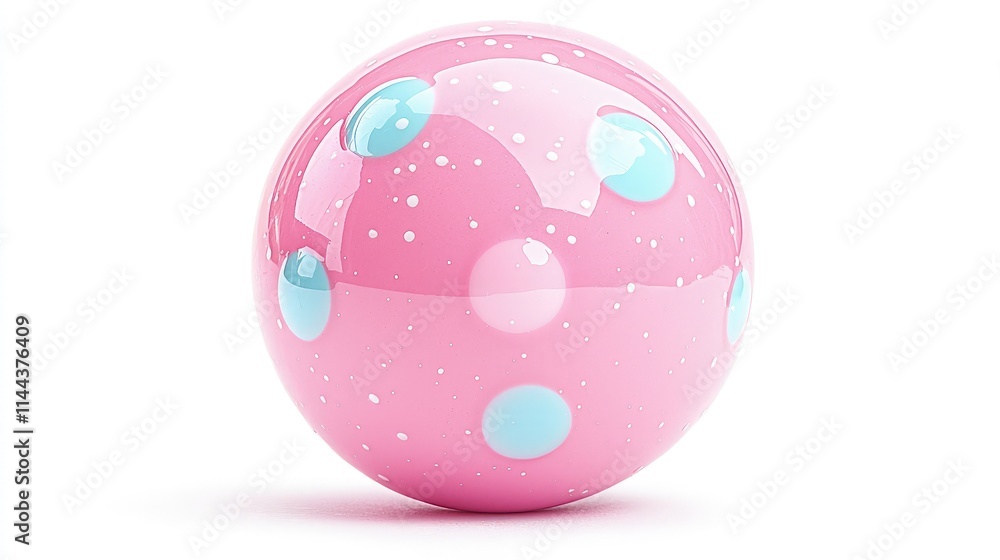 Pink sphere with blue and white polka dots on white background. Pink sphere with blue and white polka dots on white background.
