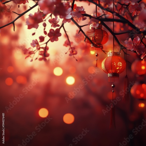 Lanterns glow softly among blooming cherry blossom branches during twilight i...