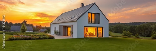 Modern house surrounded by green landscape at sunset with warm light illumina...