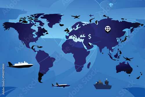 Create a vector background illustrating global trade.  Include shipping containers, currency symbols, and world map elements.  Use a vibrant color palette.