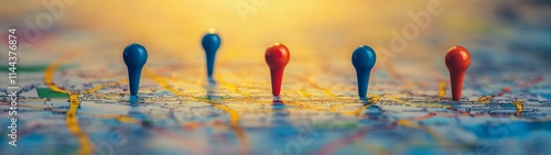 Colorful pins marking various locations on a detailed map at sunset highlight...