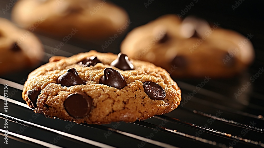 Fototapeta premium Close-up of freshly baked chocolate chip cookies cooling on a wire rack.