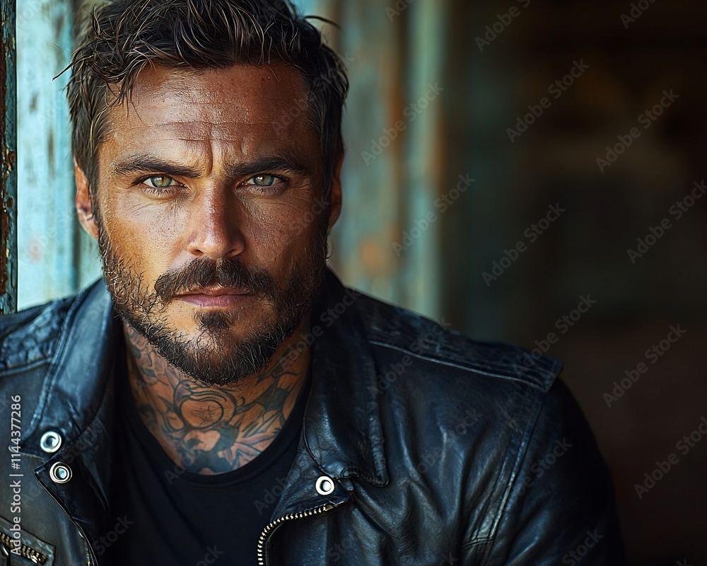 Edgy Leather Clad Man with Tattoos in Gritty Urban Setting Confident Expression Edgy Leather Clad Man with Tattoos in Gritty Urban Setting Confident Expression