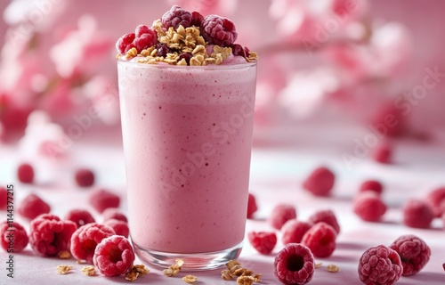 Refreshing raspberry smoothie topped with granola in a vibrant setting with p...