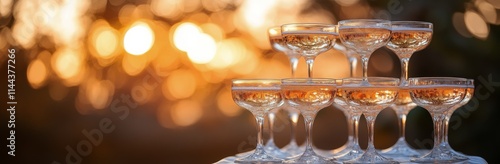 Sparkling champagne flutes arranged elegantly at sunset, celebrating a specia...